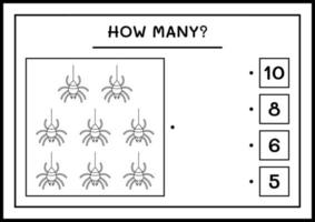 How many Spider, game for children. Vector illustration, printable worksheet