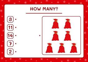 How many santa claus red bag, game for children. Vector illustration, printable worksheet