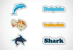 Sticker set of different fish, Flat vector illustration