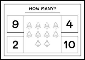 How many christmas tree, game for children. Vector illustration, printable worksheet