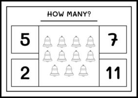 How many christmas bell, game for children. Vector illustration, printable worksheet