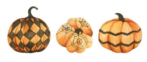 Autumn festive halloween collection. Set of black and white pumpkin. Watercolor illustration. vector