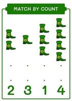 Match by count of Leprechaun boot, game for children. Vector illustration, printable worksheet