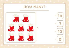 How many christmas sock, game for children. Vector illustration, printable worksheet