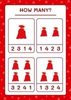 How many santa claus red bag, game for children. Vector illustration, printable worksheet