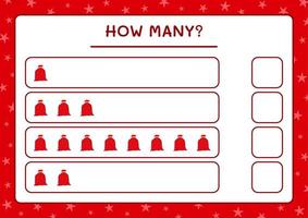 How many santa claus red bag, game for children. Vector illustration, printable worksheet