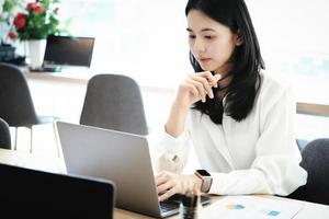 Female employees are working at home through computers to maintain social distancing to reduce the spread of coronavirus. photo