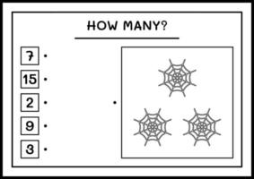 How many Cobweb, game for children. Vector illustration, printable worksheet