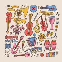 Set of outline vintage musical instruments - records, musical devices and equipments for playing music. Retro 70s style guitar, banjo, drum, tambourine. Vector hand drawn illustration isolated