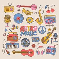 Set of retro music players, cassette recorder, headphones, , vintage turntable, cassette, musical instruments and vinyl plate. Hand drawn vector illustration isolated in modern 70s vintage style.