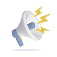 3d cartoon megaphone with yellow lightning isolated on white background. Realistic modern minimal design element. Vector realistic render illustration.