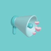 3d megaphone symbol with pink heart love signs. Marketing time concept, realistic loudspeaker by hand. Vector render illustration. Social media banner element