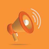 3d megaphone speaker or loudspeaker, bullhorn for announce promotion, orange loudhailer, speakerphone vector render for alert and announcement on orange purple background