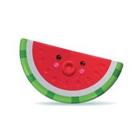 Watermelon 3d render object. Half piece of watermelon with pits and kawaii face. Isolated vector object on a transparent background