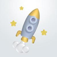 Flying gray and yellow space rocket with cute stars. Spaceship launch business product on market concept. Rocket 3d render icon. Realistic creative conceptual symbol of startup. Vector illustration