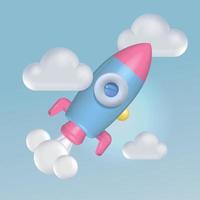 3d Rocket taking off. Realistic Clouds and smoke from a rocket taking off. Isolated 3d vector object on a blue sky background