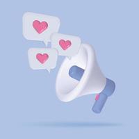 White and violet megaphone with flying icons in bubbles with hearts isolated on lilac background. Vector 3d render illustration