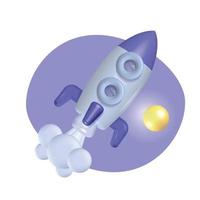 3d Rocket in realistic cartoon style on white background with violet abstract shape with sun. Startup, space, business concept. Vector render illustration design