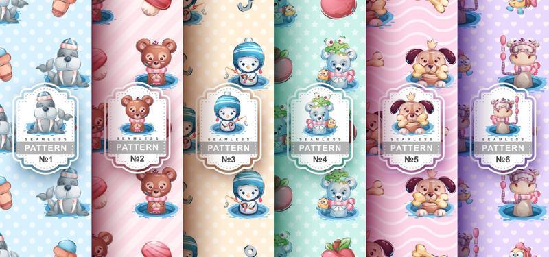 Seamless pattern cartoon character adorable animal in hole, pretty zoo idea for print t-shirt, poster and kids envelope, postcard. Cute hand drawn style wildlife