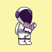 Cute Astronaut Reading Book Cartoon Vector Icon Illustration. Science Education Flat Cartoon Concept