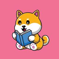 Cute Shiba Inu Dog Reading Book Cartoon Vector Icon Illustration. Animal Education Flat Cartoon Concept