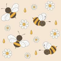 Vector seamless cartoon pattern with wasps and bees, flowers camomiles and drops of honey.