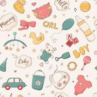 Vector seamless baby pattern, cute accessories, items of clothing for newborns and children.