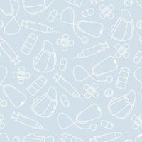 Vector seamless medicine pattern background, disposable masks, syringes, stethoscope, pills, tablets.