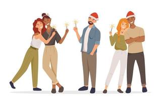Group of happy standing isolated people. Cheerful friends celebrate Christmas or New Year with a company. Sparklers in hands and a Santa hat. Lesbian, African American and European couple. vector