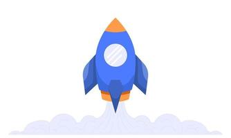 Rocket launch in the sky flying over clouds. Space ship in smoke clouds. Business concept. Start up template. Vector illustration