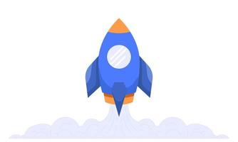 Rocket launch in the sky flying over clouds. Space ship in smoke clouds. Business concept. Start up template. Vector illustration