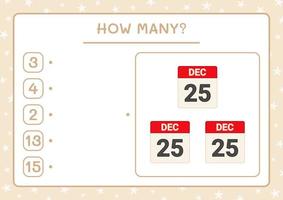 How many christmas calendar, game for children. Vector illustration, printable worksheet