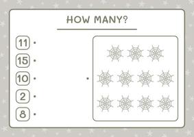 How many Cobweb, game for children. Vector illustration, printable worksheet