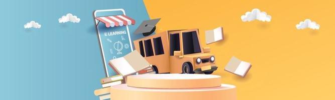 back to school colorful podium with school bus yellow and book elearning vector