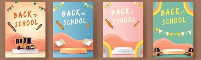 back to school colorful podium with school bus yellow and book elearning vector