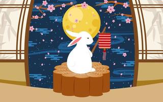 Happy Mid Autumn Day Landscape with Rabbit bring a lantern