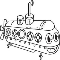 Submarine with Face Vehicle Coloring Page for Kids vector