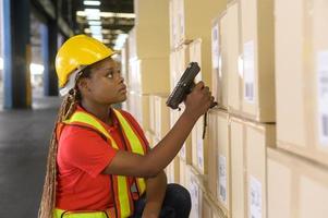 Young worker wearing helmet scanning parcels for retail and transport shipping in modern warehouse. photo