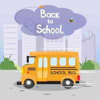 lindo autobús escolar en camino a recoger niños a la escuela. ilustración de regreso a la escuela con autobús, abeja y un avión de papel en el fondo del parque de la ciudad en una ilustración de caricatura plana. vector