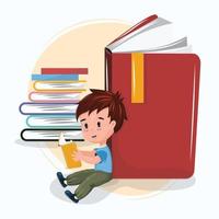Cute little boy reading books with a big enthusiasm. Education, reading, knowledge, study concept illustration with a child and huge book in flat cartoon style. Smiling happy child. vector