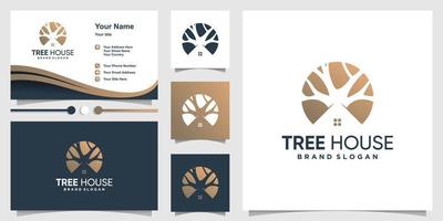 Tree house logo design with creative element concept Premium Vector