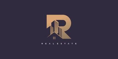 R letter logo design vector with building concept idea