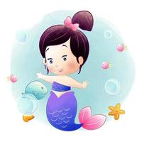 Cute mermaid with watercolor illustration vector