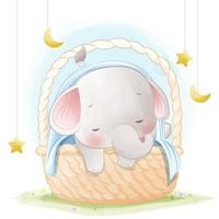 lindo bebé elefante durmiendo en la canasta de mimbre