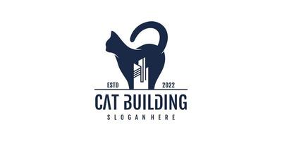 Cat logo design with building concept Premium Vector