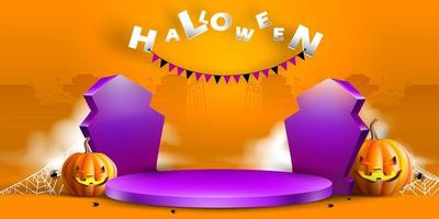 Simple podium and stage with halloween gravestone concept.Display product with witchcraft hat vector