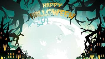 fondo de noche de halloween con calabaza, casa embrujada, castillo y luna llena. volante o plantilla de invitación para banner, fiesta, invitación. ilustración vectorial con lugar para el texto vector