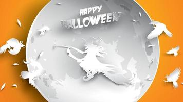 Halloween background with witch, crow, moon and broomstick in paper art carving style. banner, poster, Flyer or invitation template party. Vector illustration.