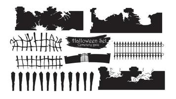 Spooky cemetery gate silhouette collection of Halloween vector isolated on white background. scary, haunted and creepy fencing element