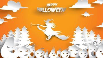 Halloween background with witch, pumpkin, fir forest and broomstick in paper art carving style. banner, poster, Flyer or invitation template party. Vector illustration.